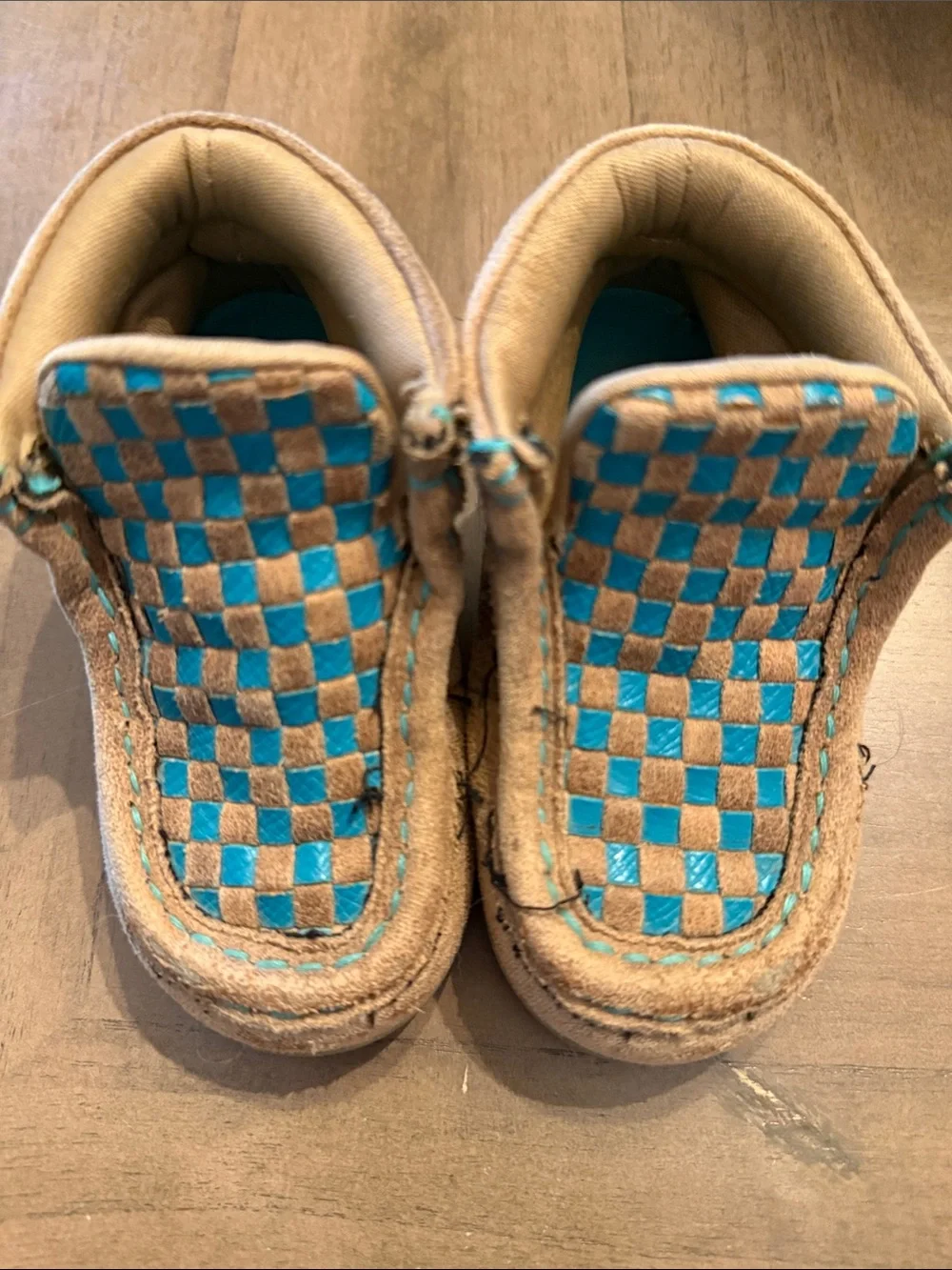 Twister Tan and Turquoise Check Moccasin Slip-Ons